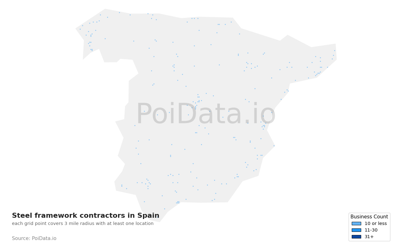 Steel framework contractor density map for Spain