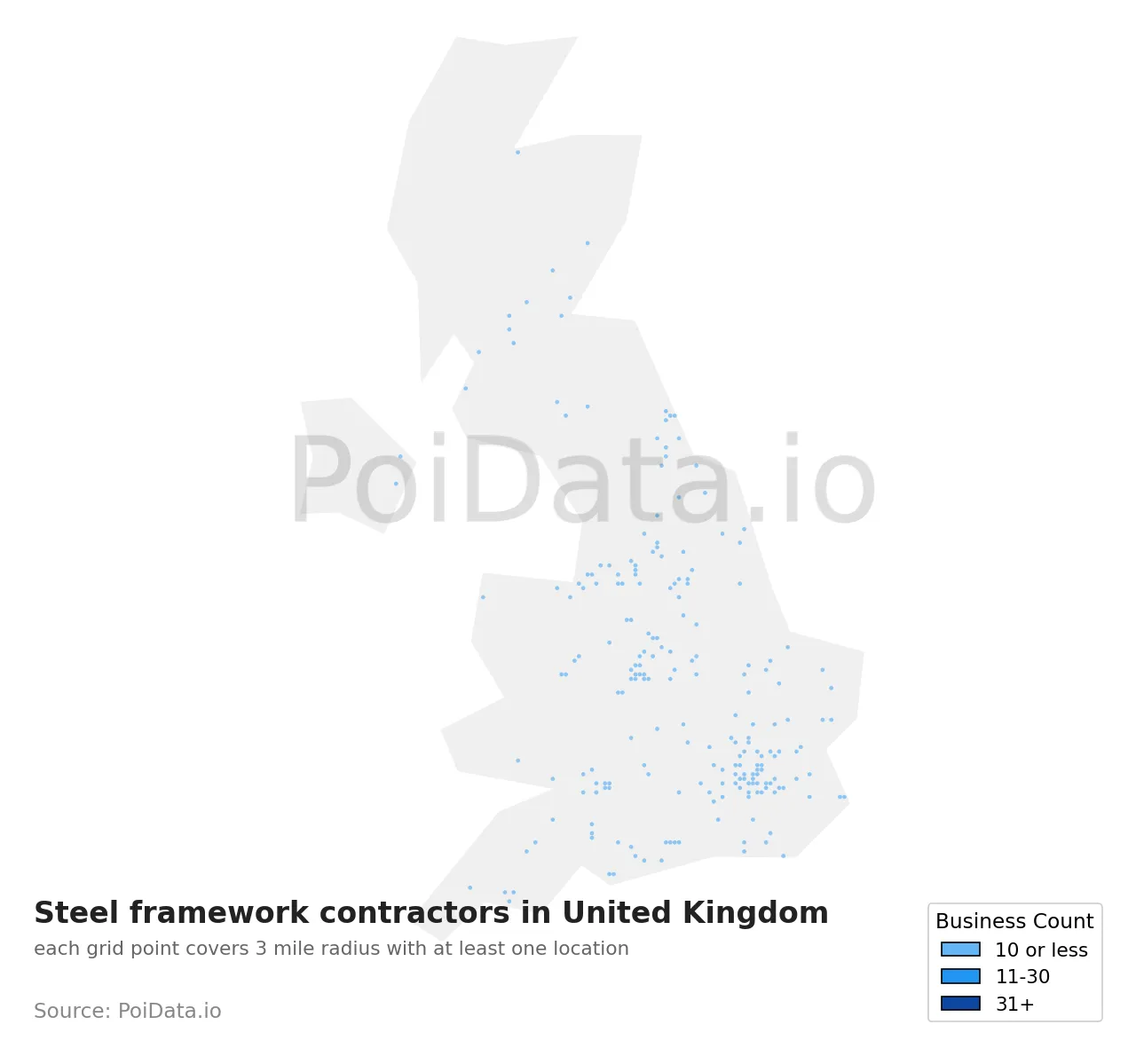 Steel framework contractor density map for United Kingdom
