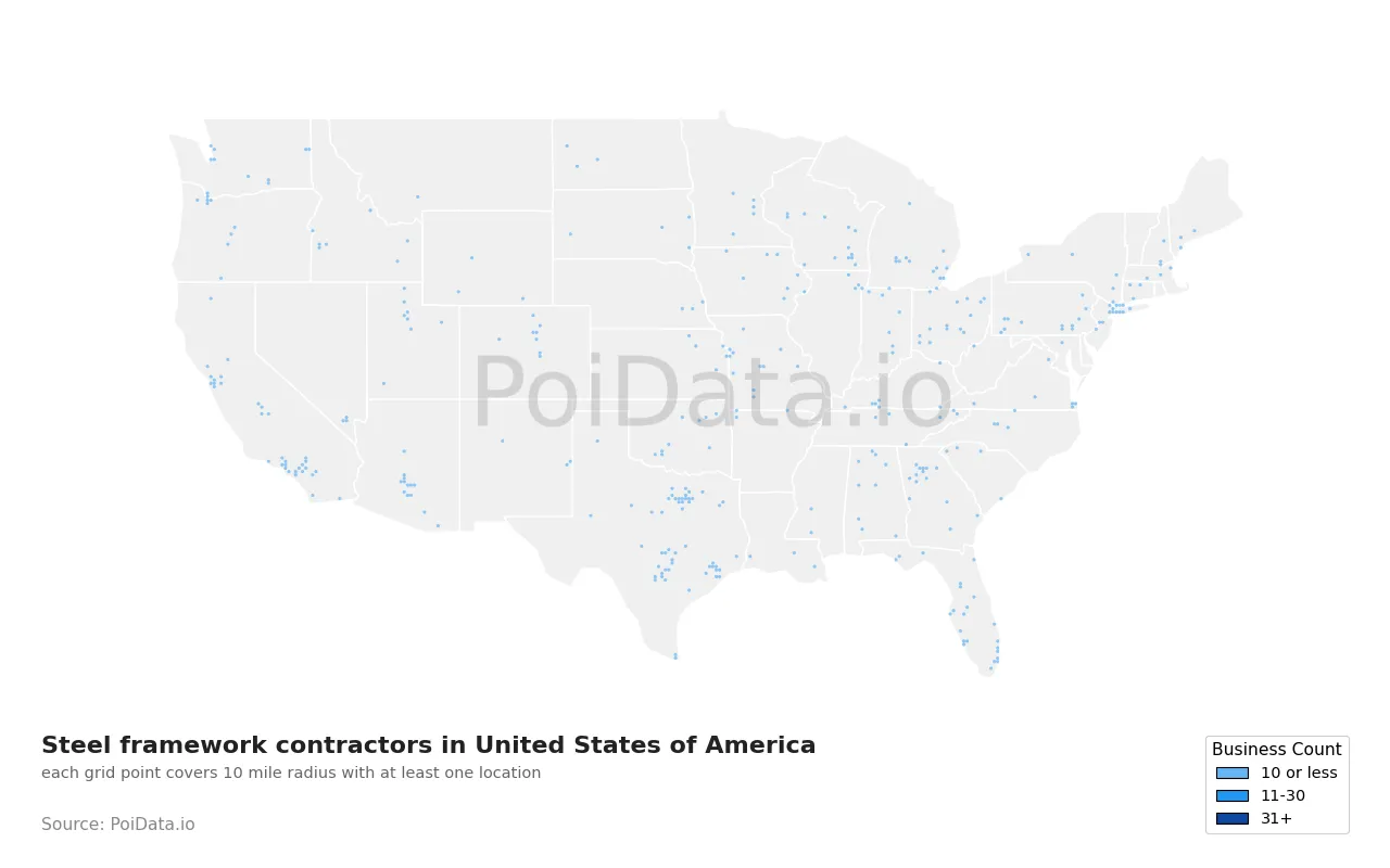 Steel framework contractor density map for United States