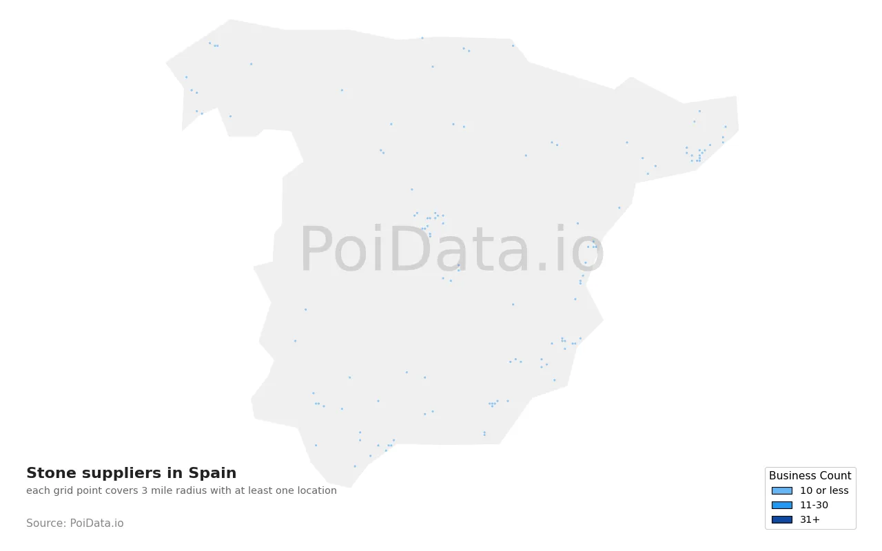 Stone supplier density map for Spain