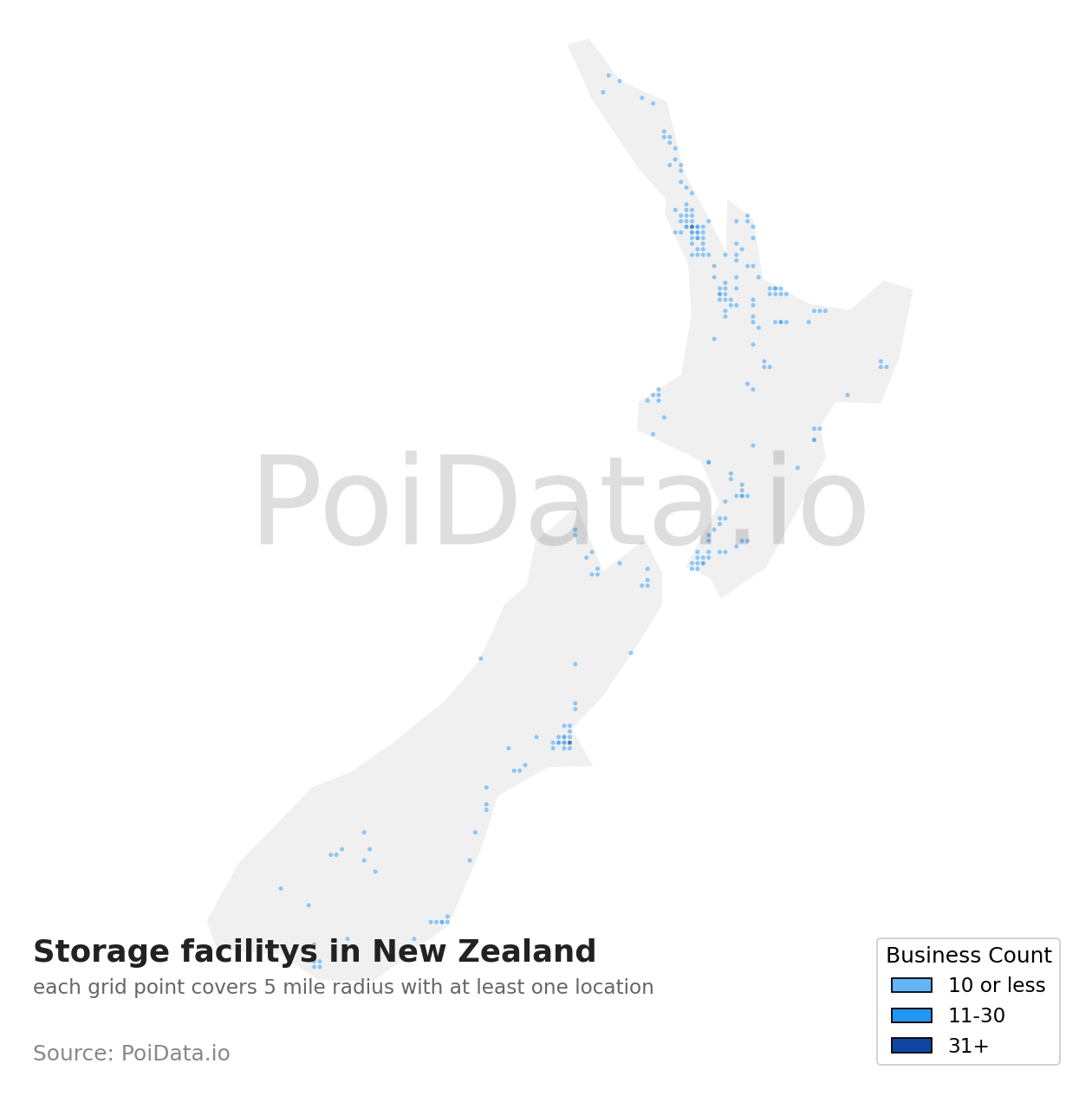 Storage facility density map for New Zealand