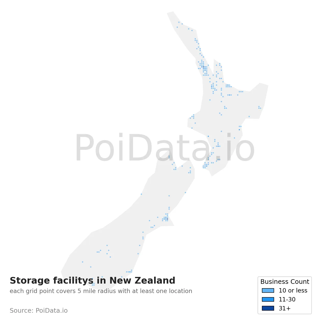 Storage facility density map for New Zealand