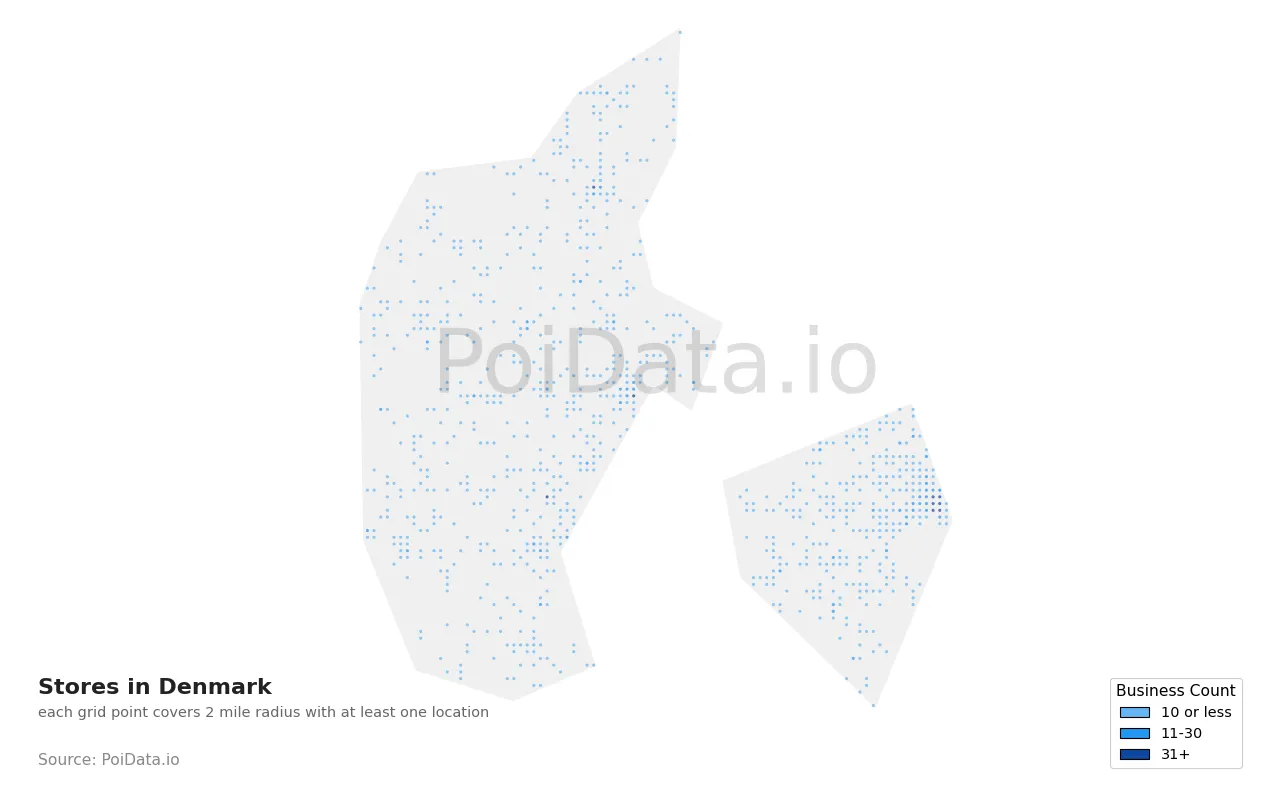 Store density map for Denmark