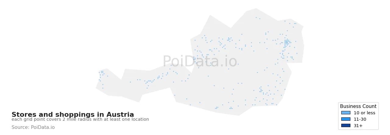 Stores and shopping density map for Austria