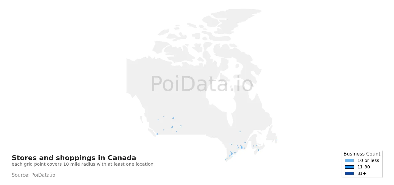 Stores and shopping density map for Canada