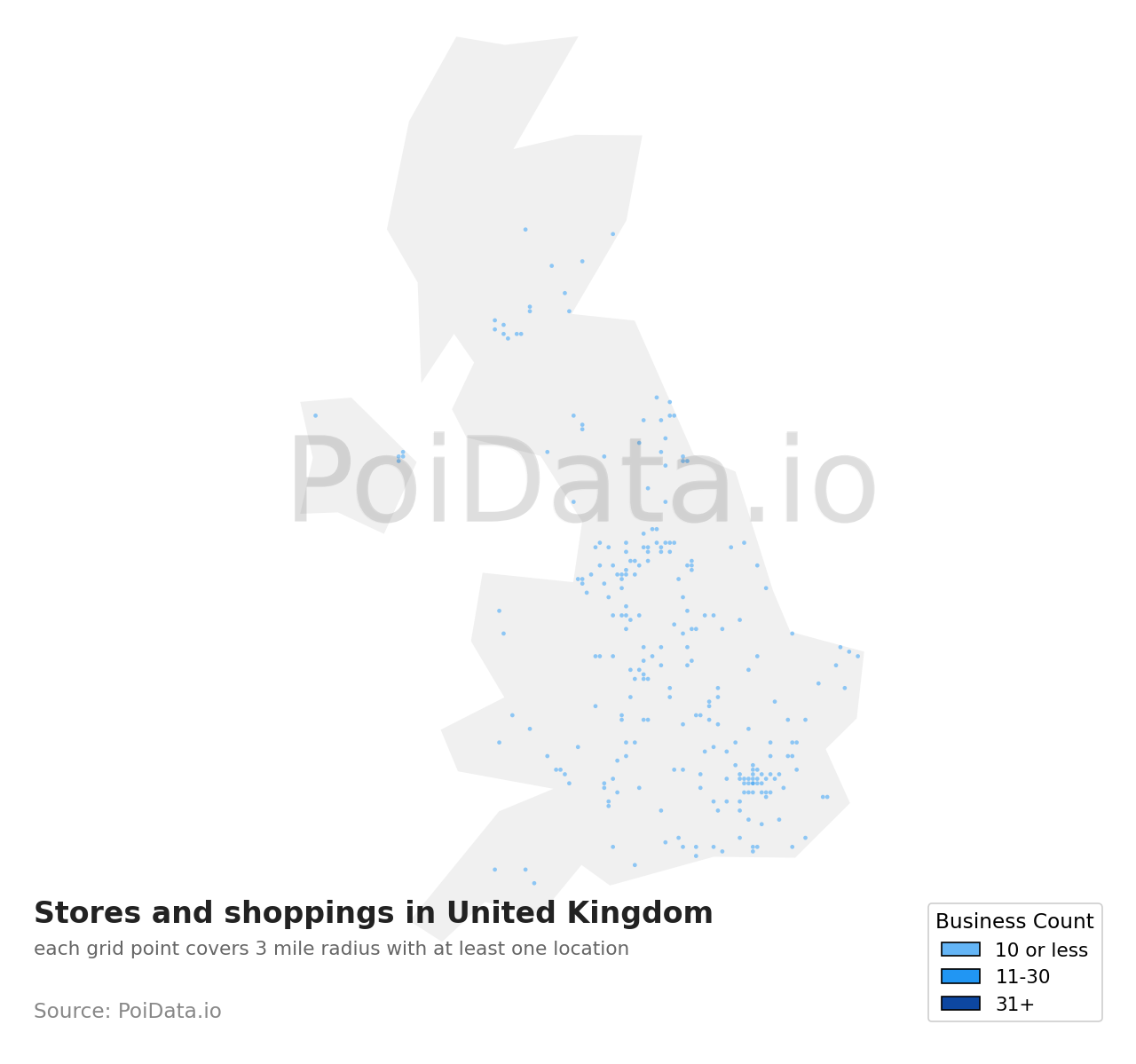 Stores and shopping density map for United Kingdom