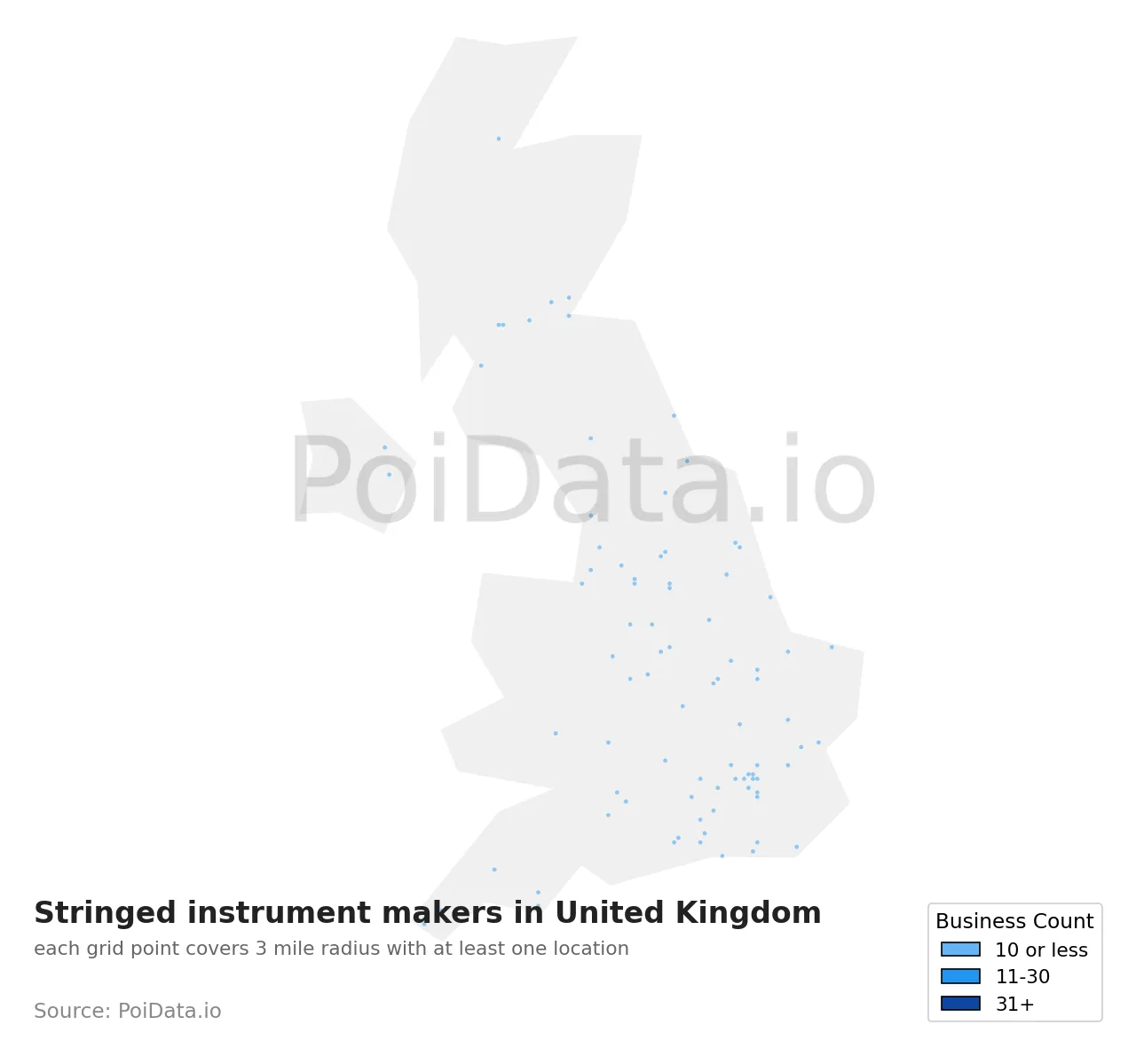 Stringed instrument maker density map for United Kingdom