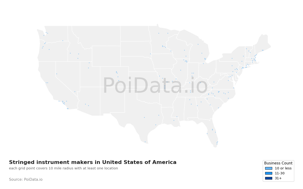 Stringed instrument maker density map for Massachusetts, United States