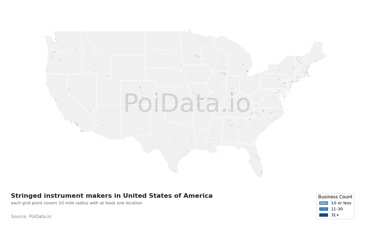 Stringed instrument maker density map for United States