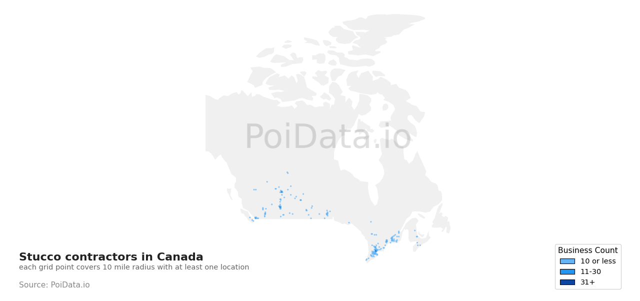 Stucco contractor density map for Canada