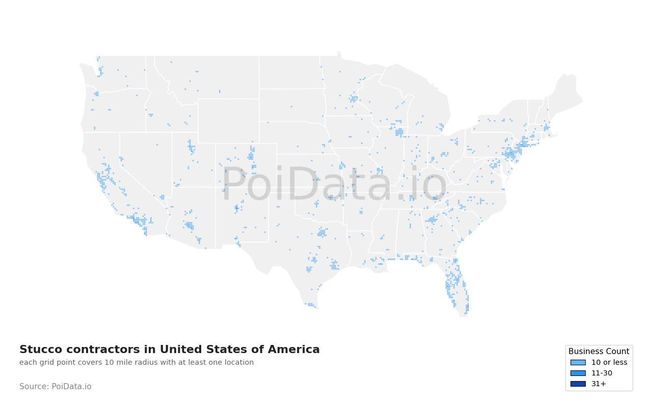 Stucco contractor density map for Texas, United States