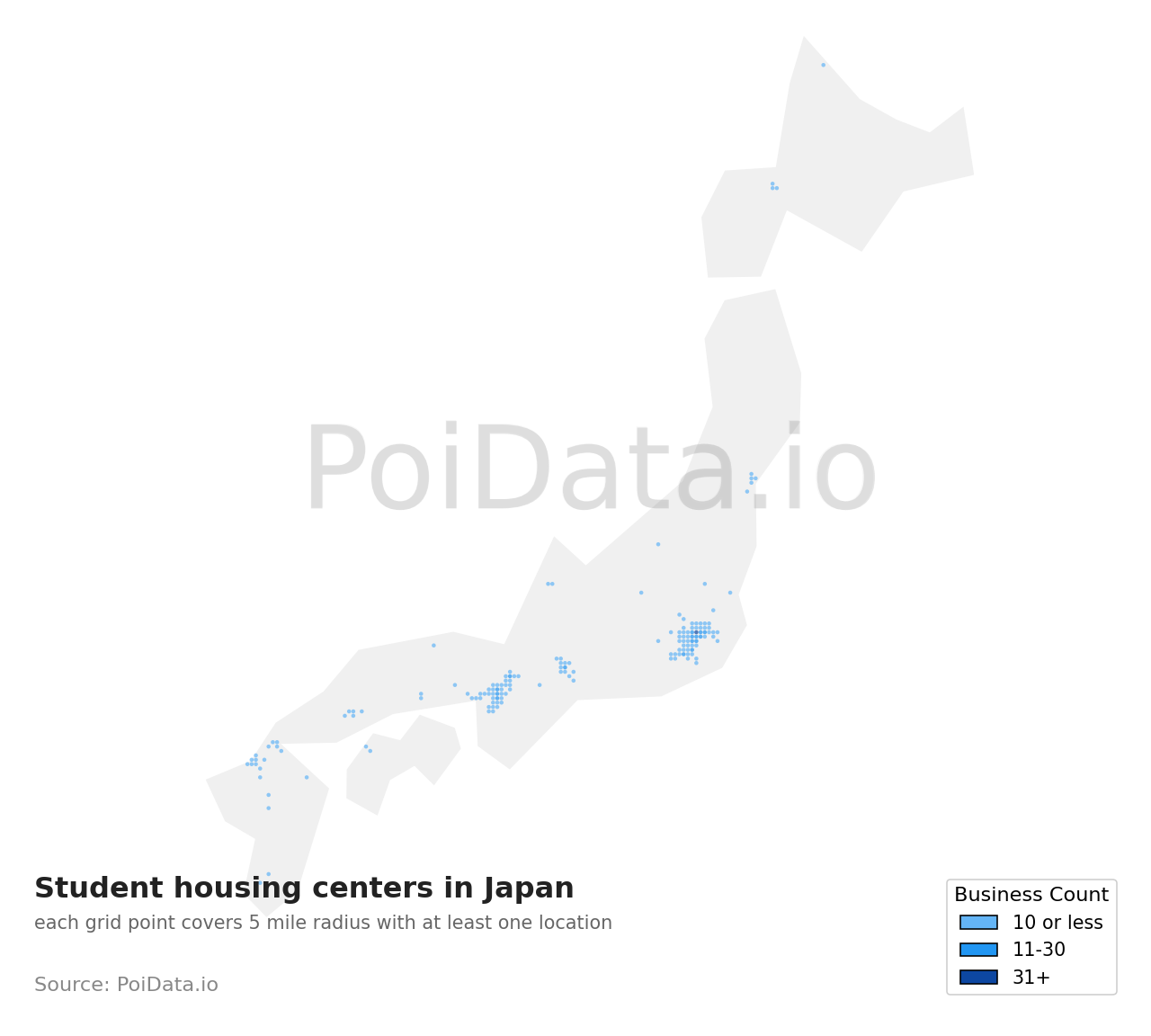 Student housing center density map for Japan