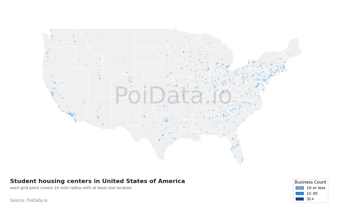 Student housing center density map for United States