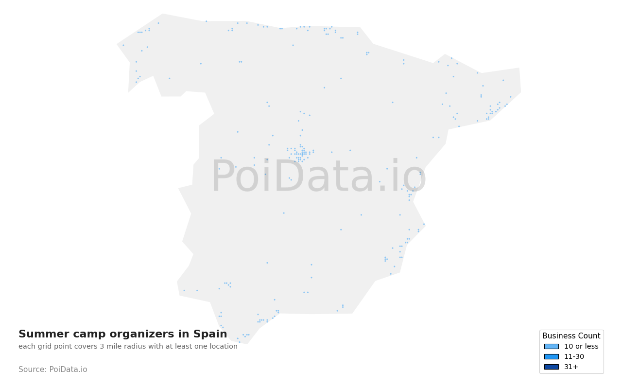 Summer camp organizer density map for Spain
