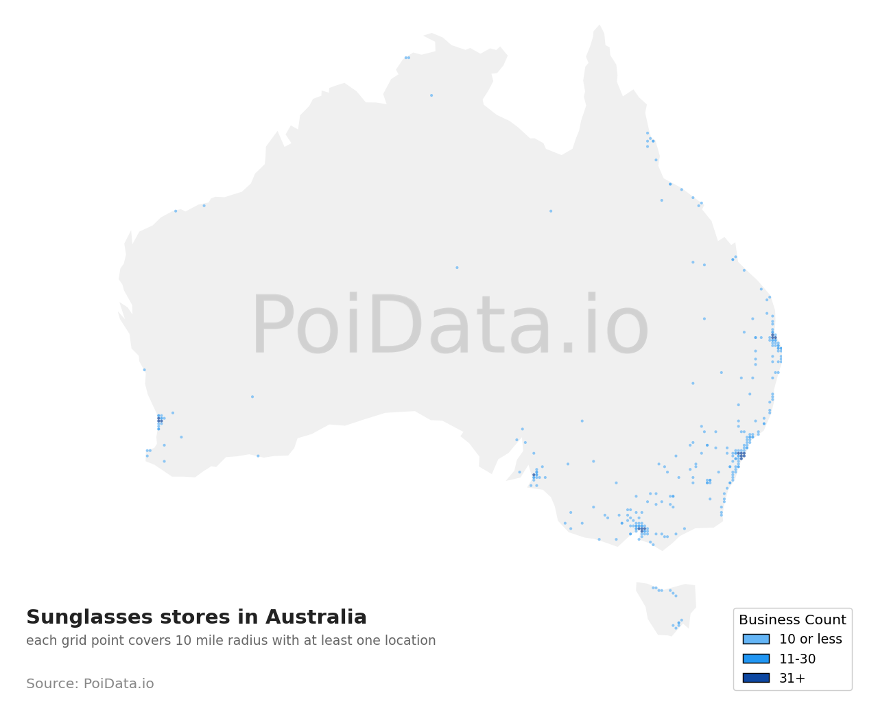 Sunglasses store density map for Australia