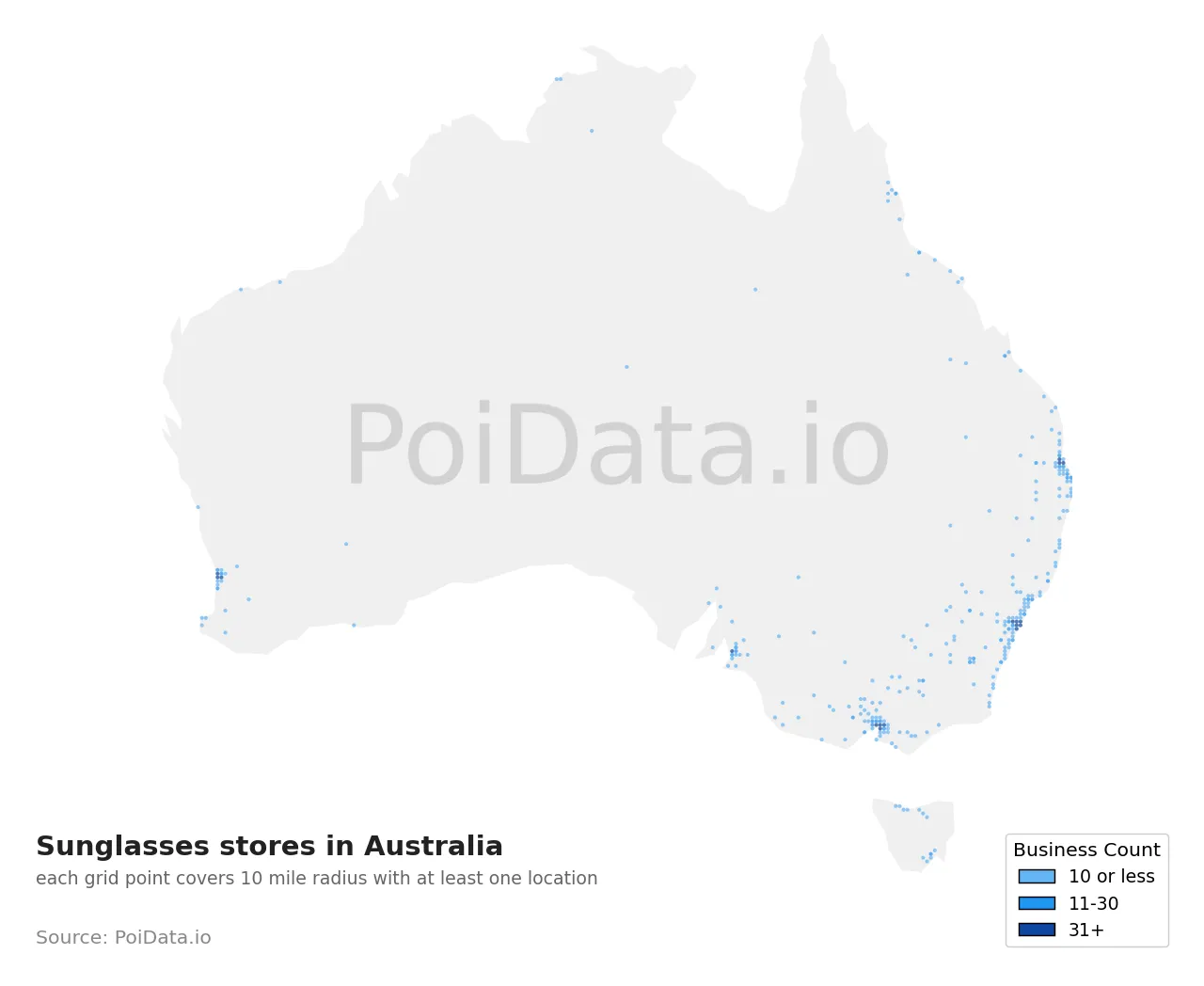 Sunglasses store density map for Australia