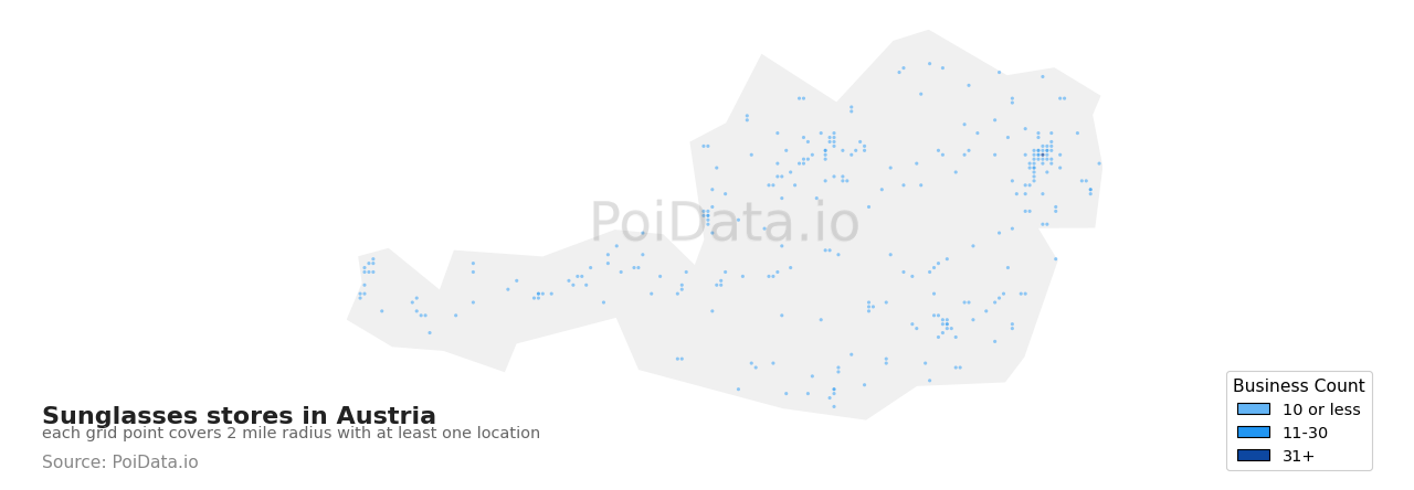 Sunglasses store density map for Austria