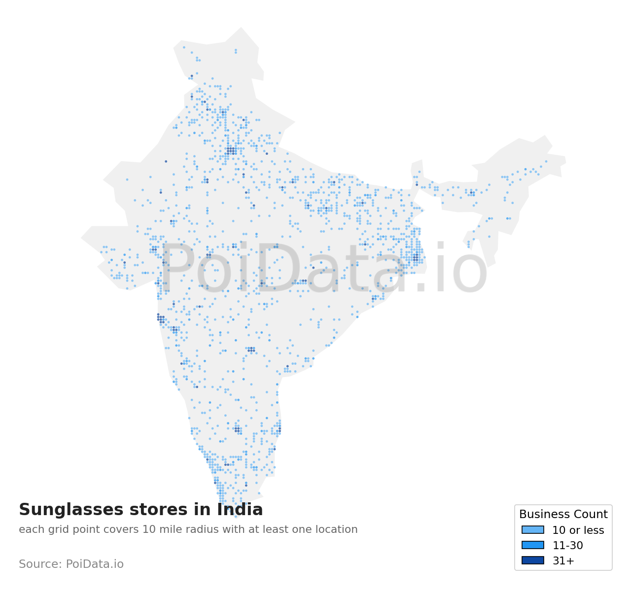 Sunglasses store density map for India