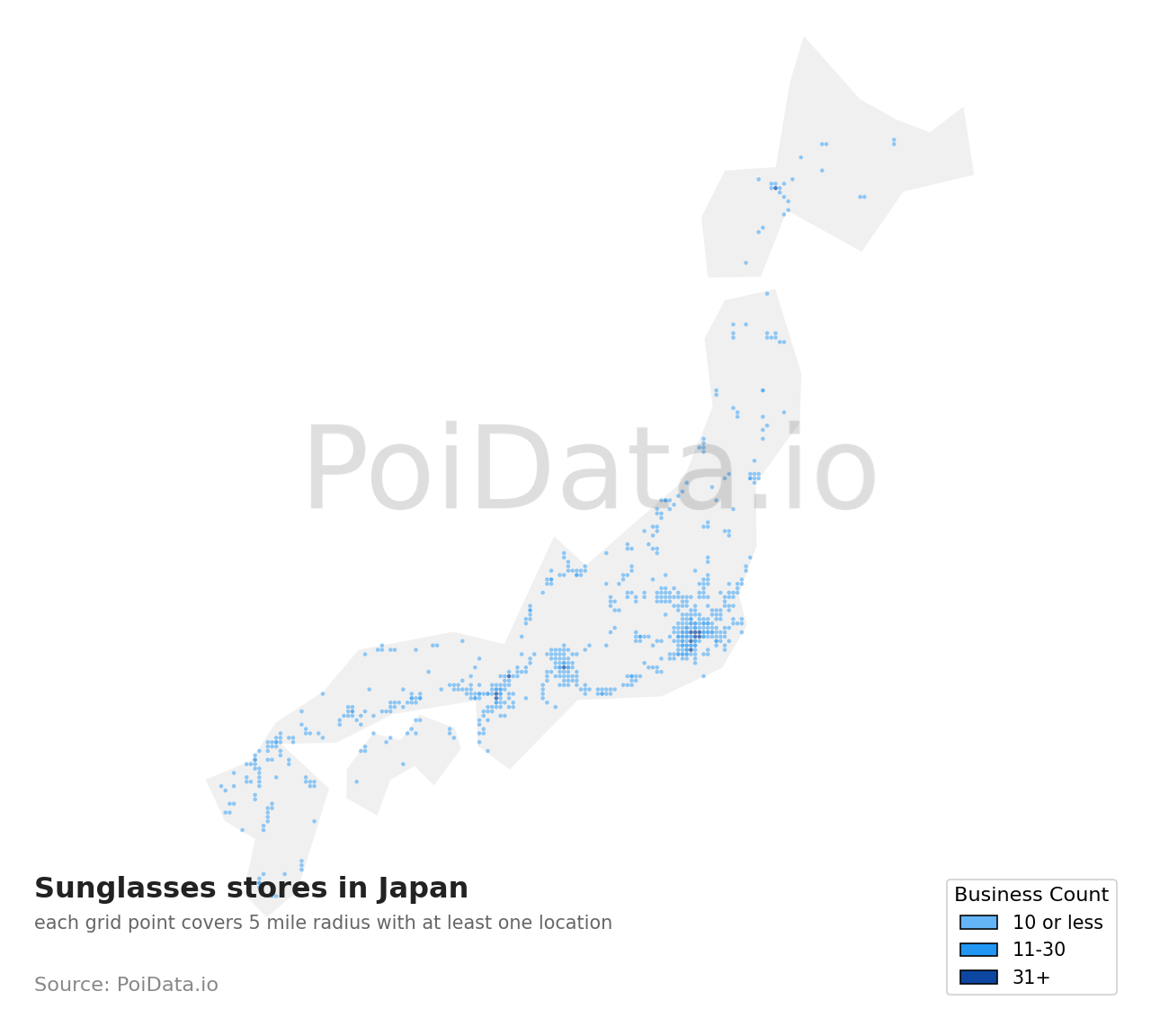 Sunglasses store density map for Japan