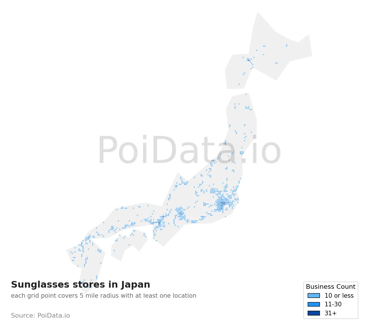 Sunglasses store density map for Japan