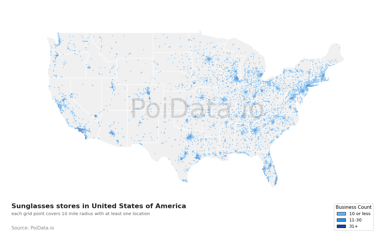 Sunglasses store density map for Texas, United States