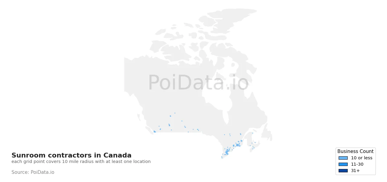 Sunroom contractor density map for Canada