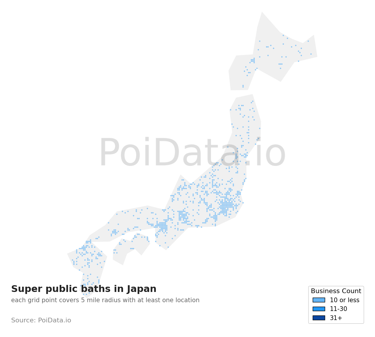 Super public bath density map for Shizuoka, Japan