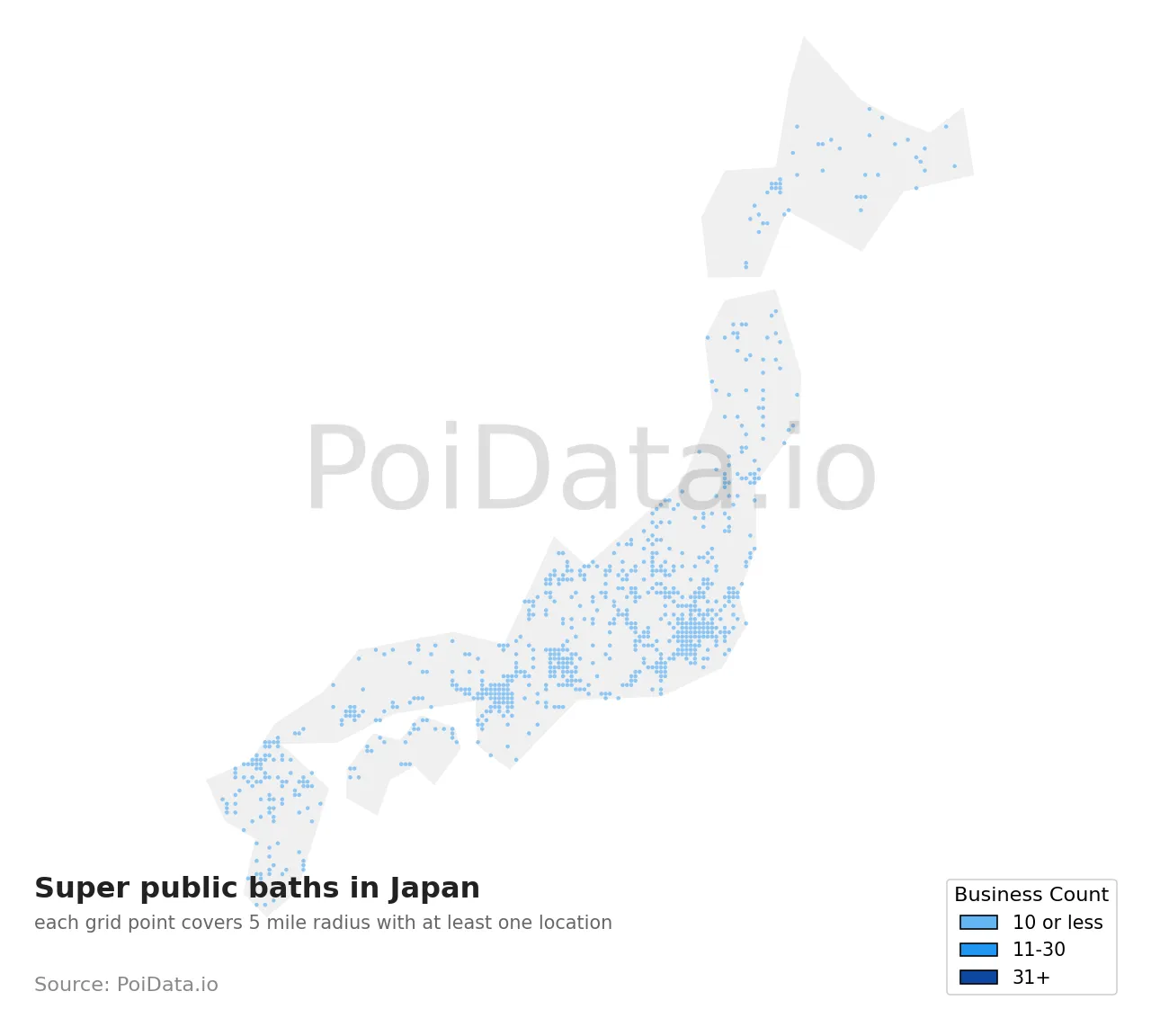 Super public bath density map for Japan