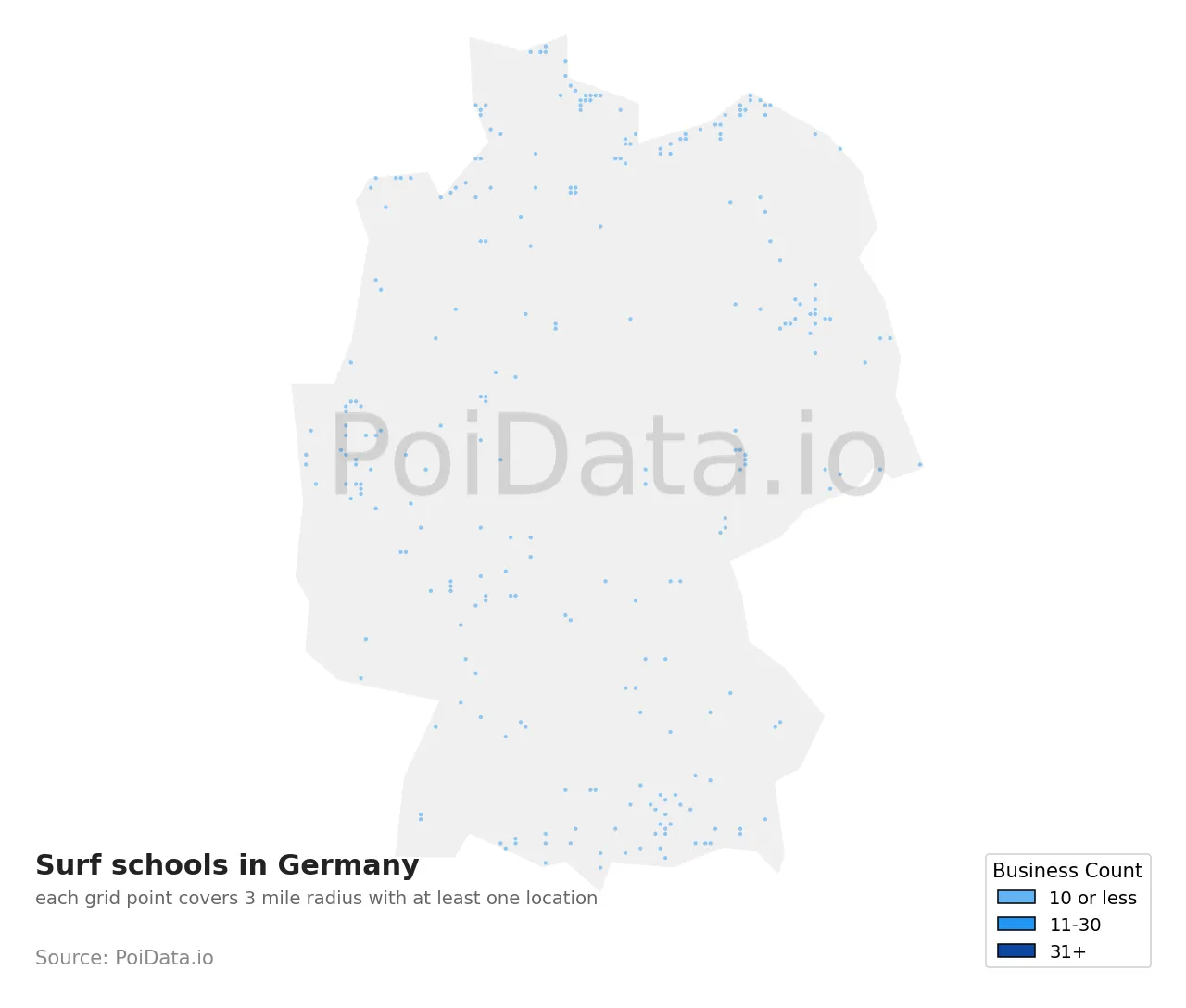 Surf school density map for Germany