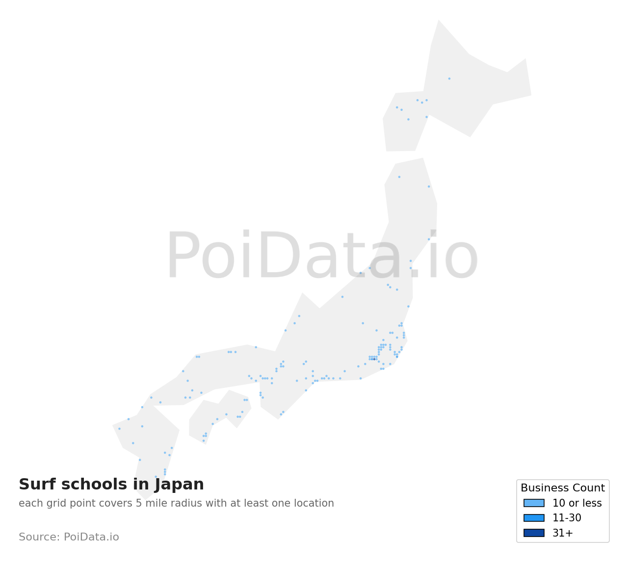 Surf school density map for Japan