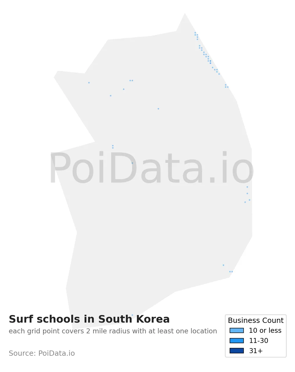 Surf school density map for South Korea