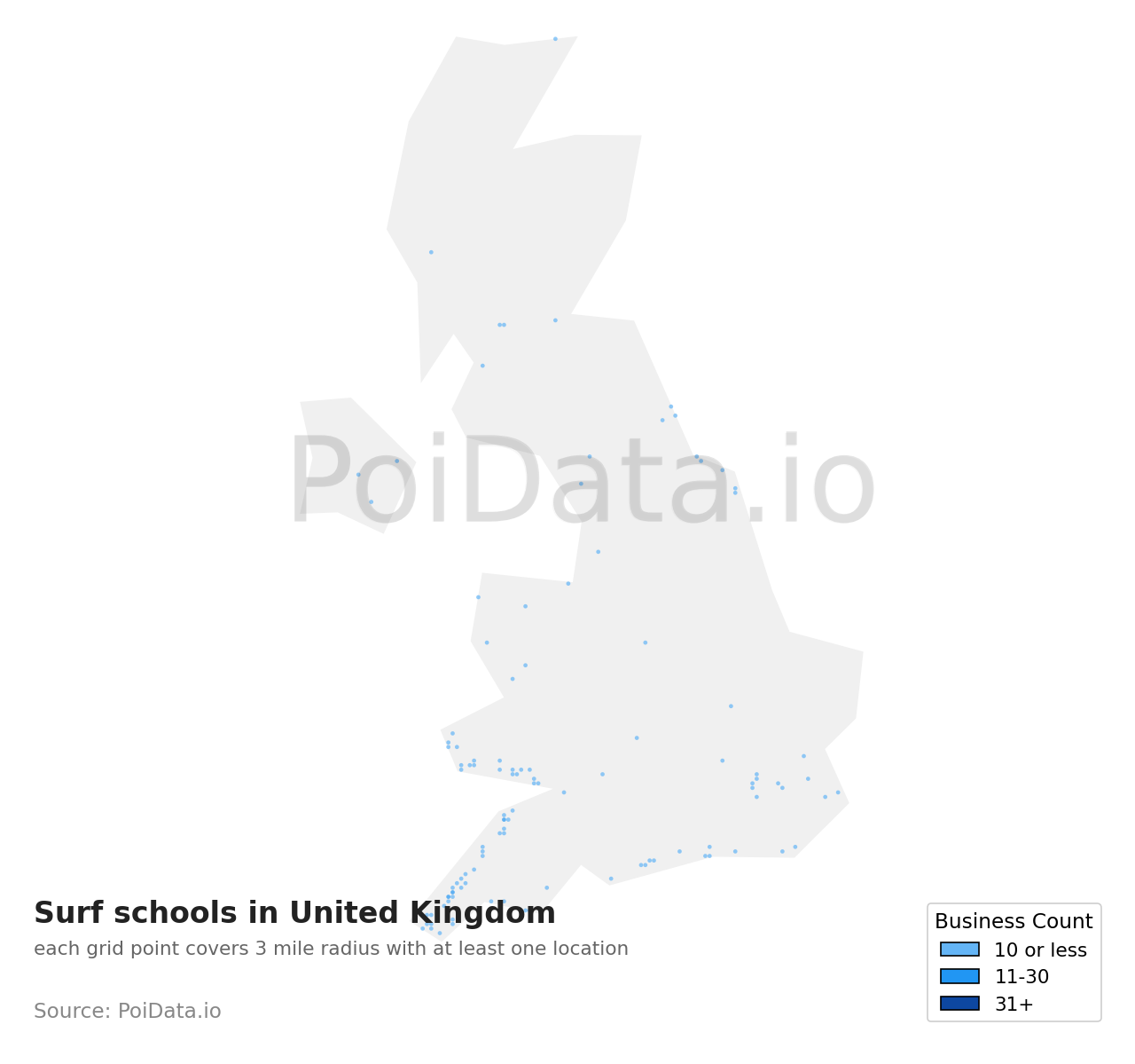 Surf school density map for United Kingdom