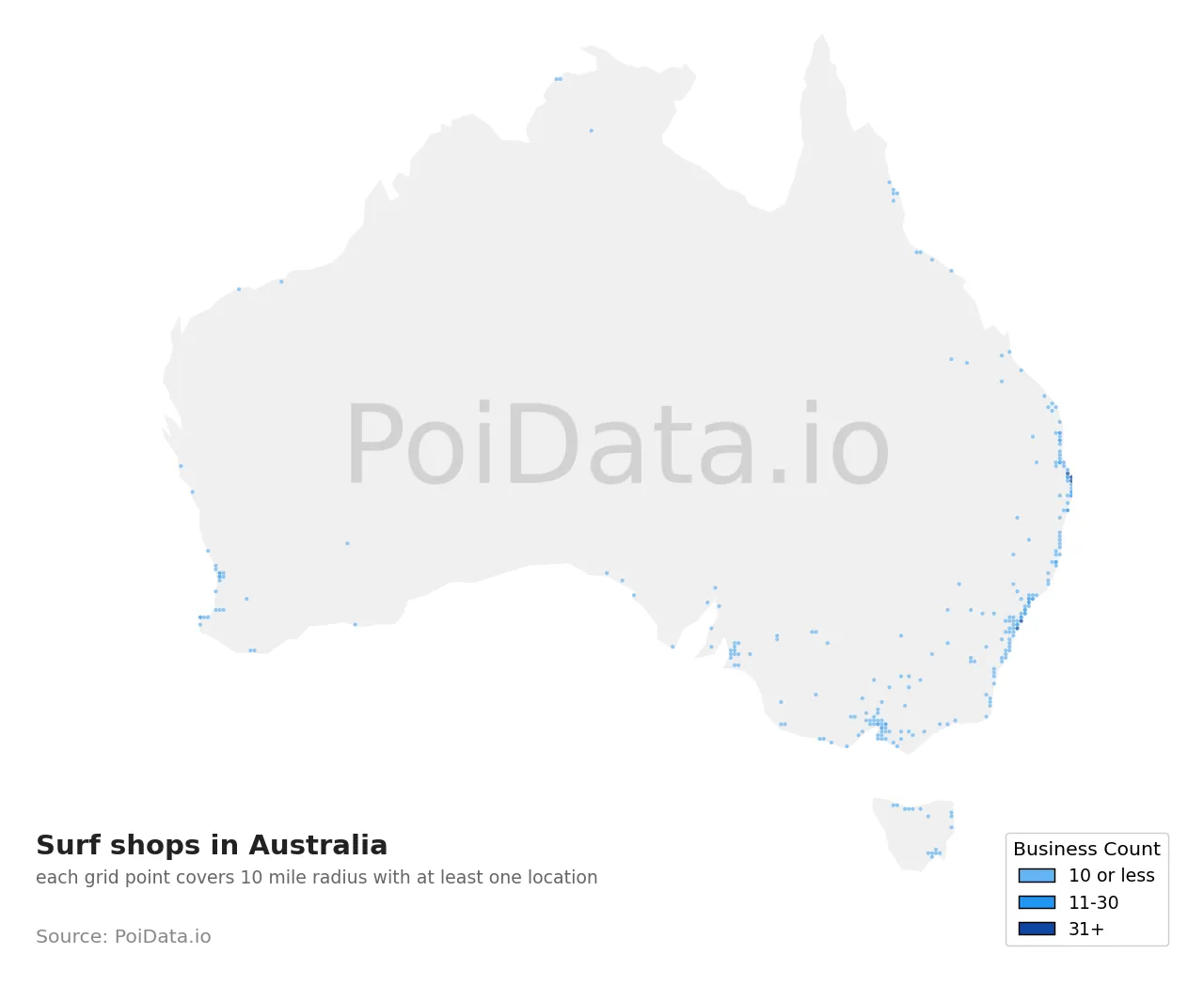 Surf shop density map for Australia