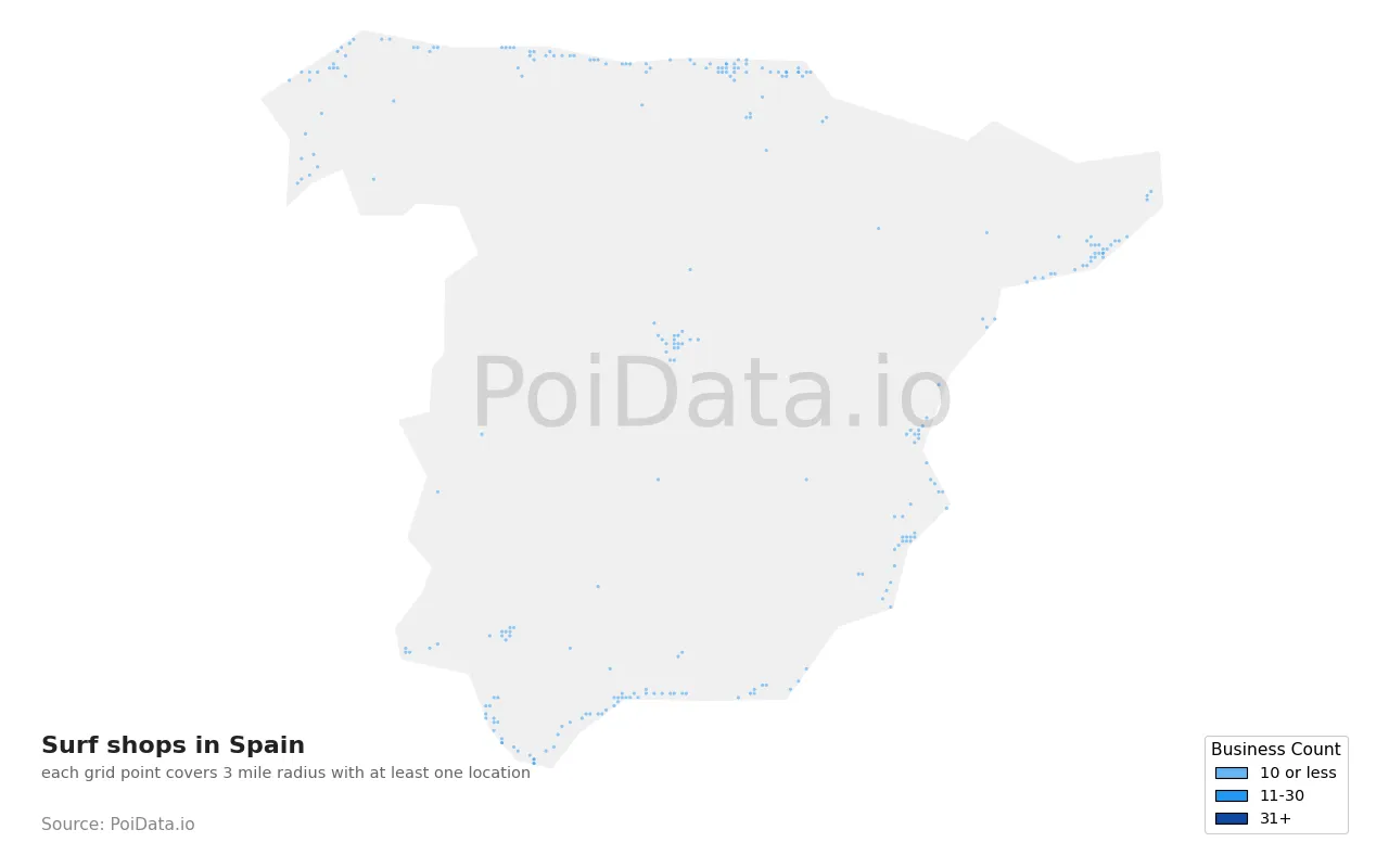 Surf shop density map for Spain