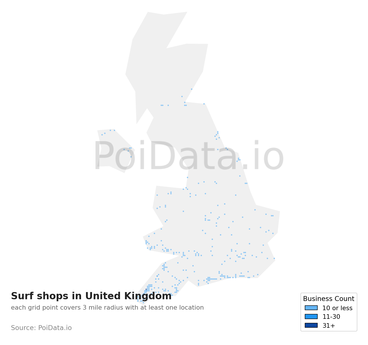 Surf shop density map for United Kingdom