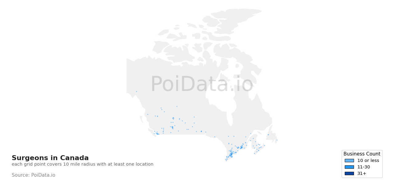 Surgeon density map for Quebec, Canada