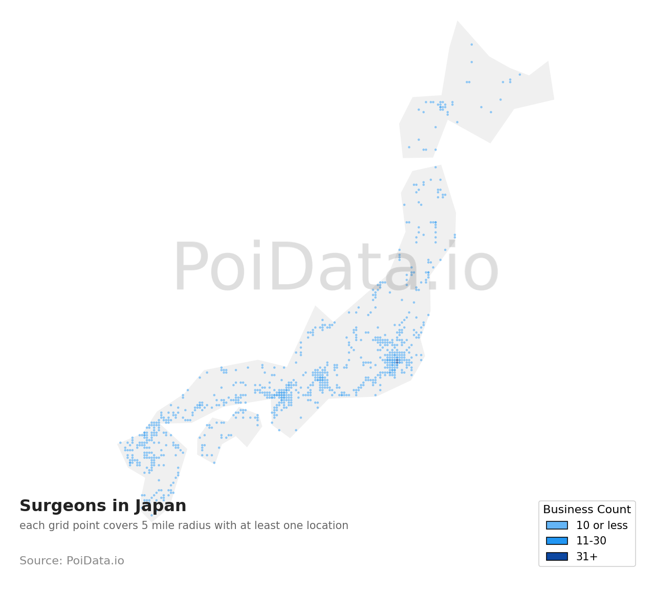 Surgeon density map for Yamaguchi, Japan