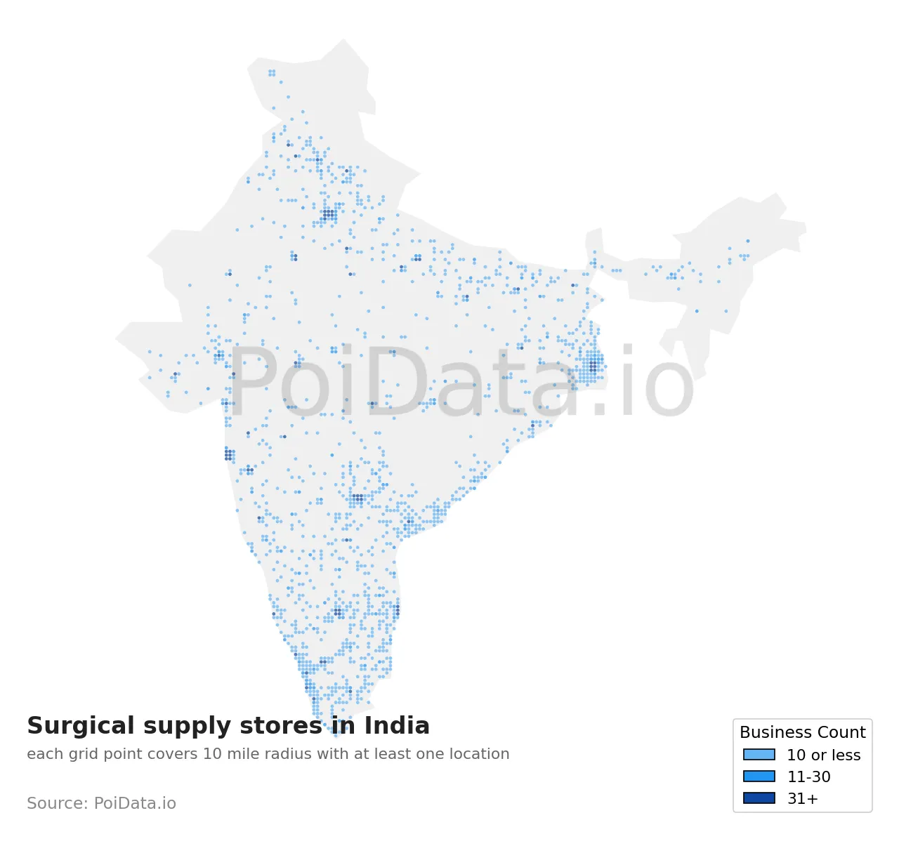 Surgical supply store density map for India