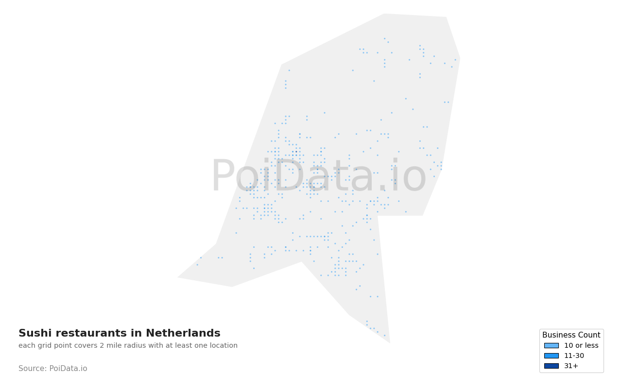 Sushi restaurant density map for Netherlands