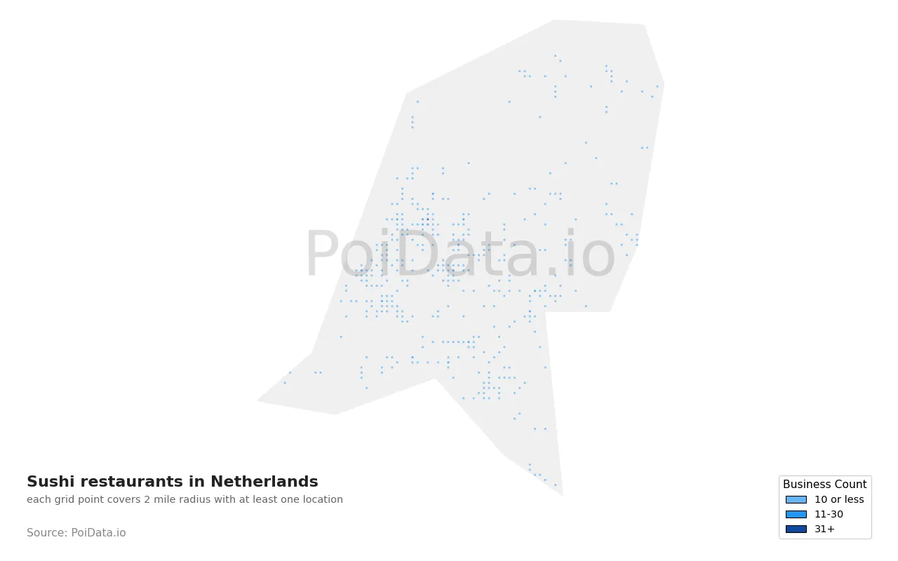 Sushi restaurant density map for Netherlands