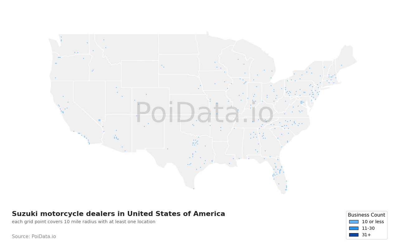 Suzuki motorcycle dealer density map for Florida, United States