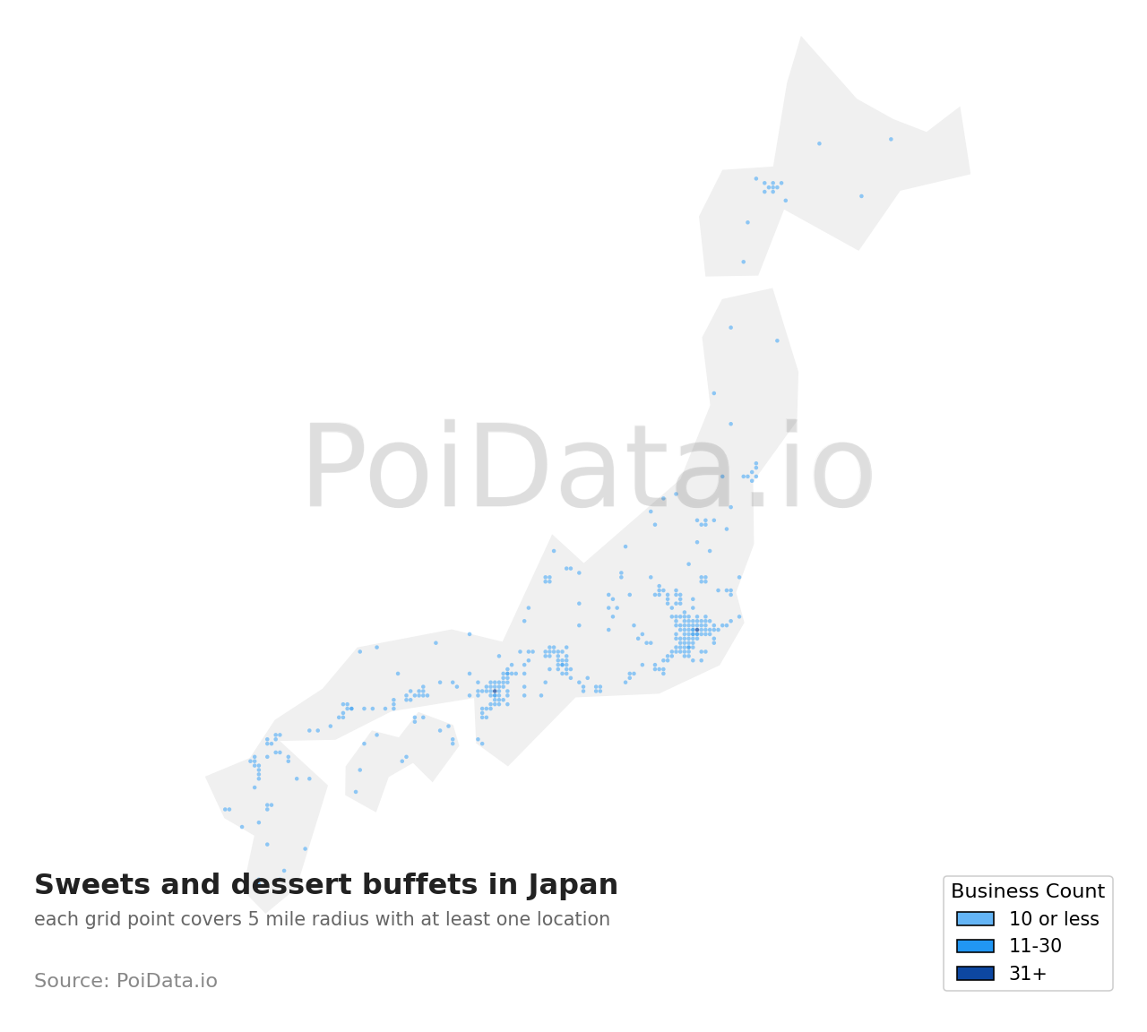 Sweets and dessert buffet density map for Kanagawa, Japan