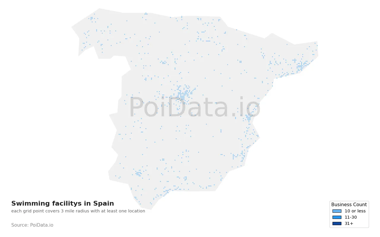 Swimming facility density map for Spain