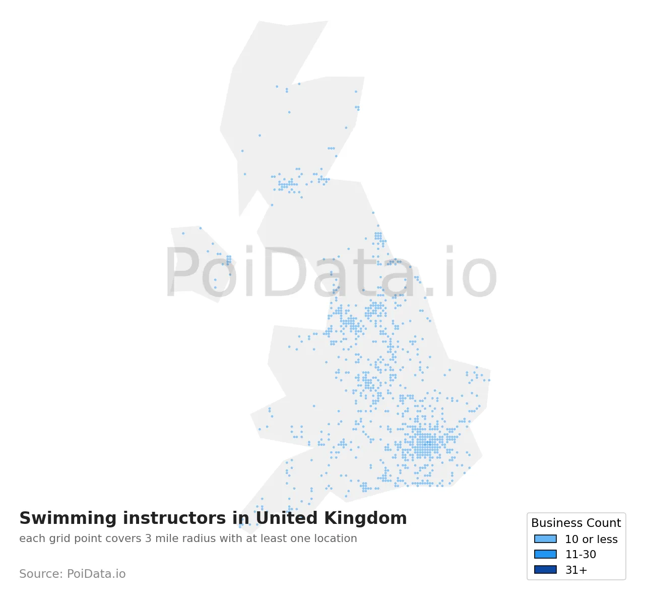 Swimming instructor density map for United Kingdom