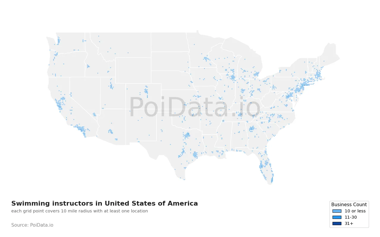 Swimming instructor density map for United States