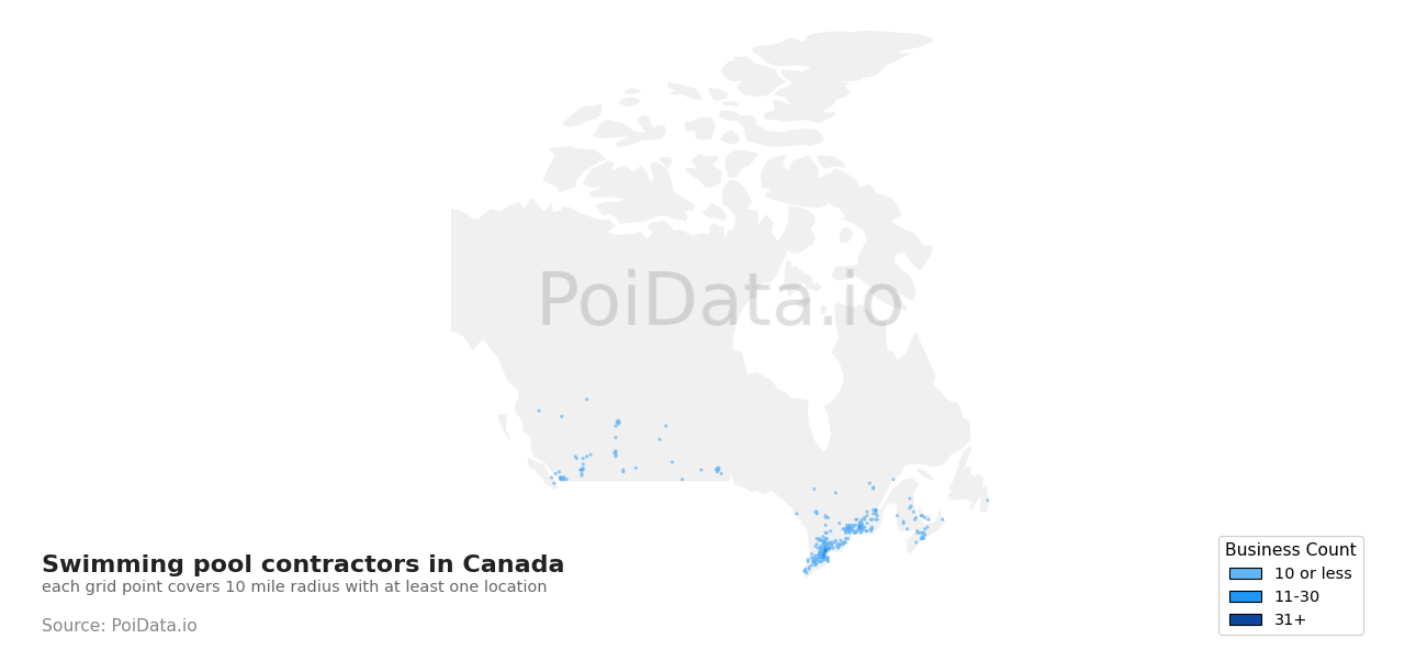 Swimming pool contractor density map for Canada