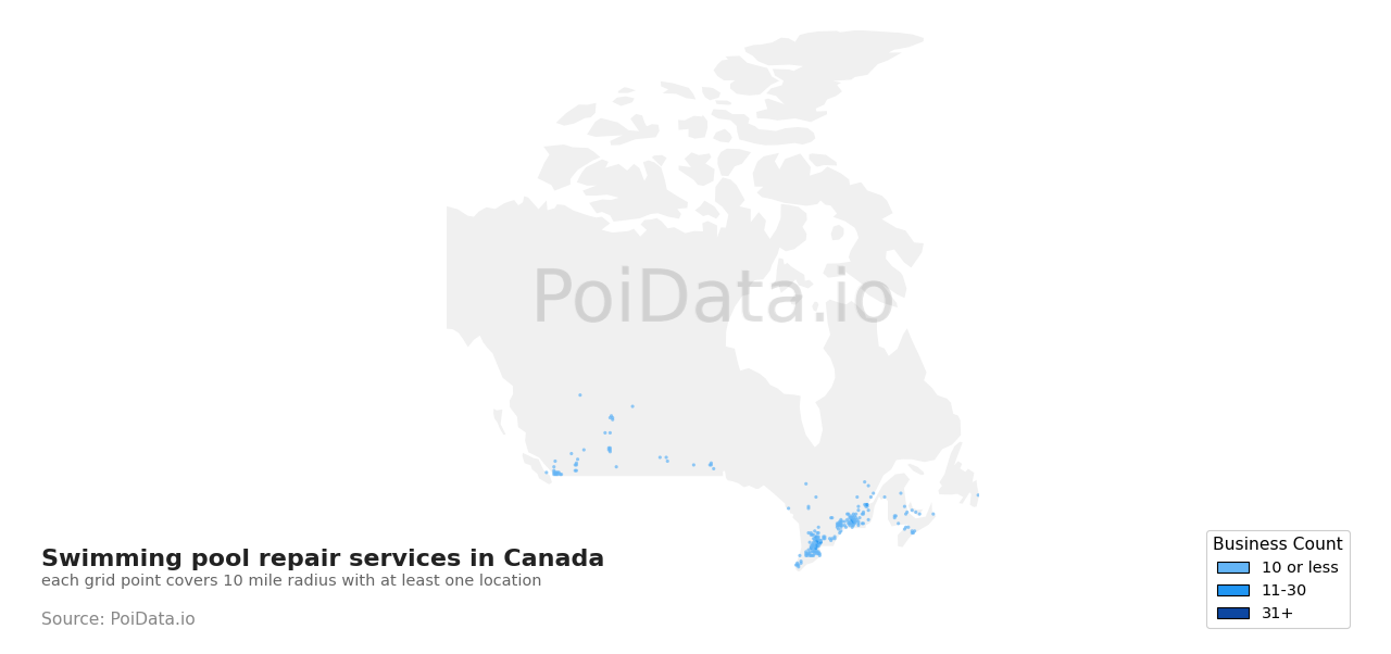 Swimming pool repair service density map for Canada