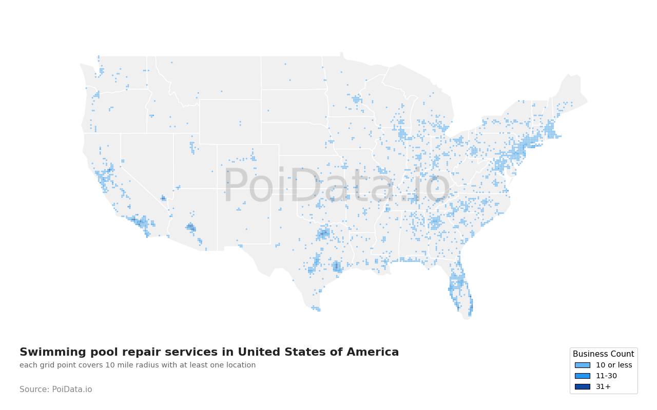 Swimming pool repair service density map for New York, United States