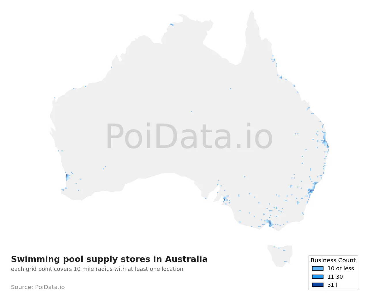 Swimming pool supply store density map for Australia