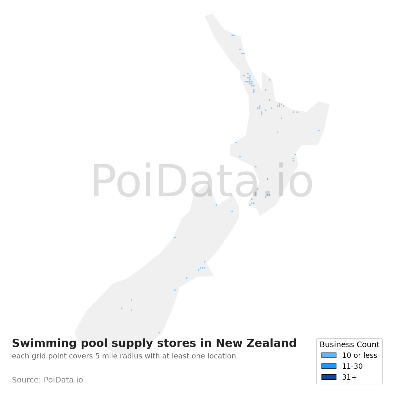 Swimming pool supply store density map for New Zealand